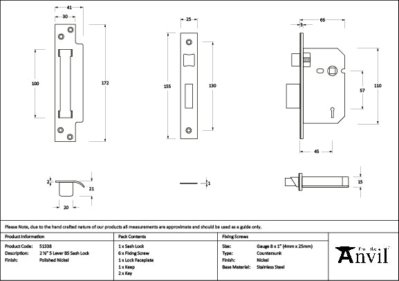 From The Anvil - Polished Nickel 2Â½" 5 Lever BS Sash Lock