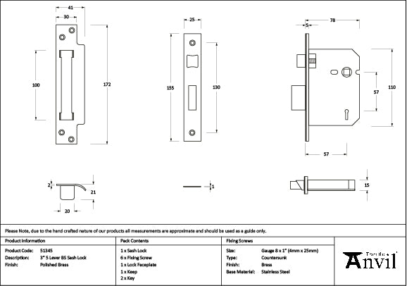 From The Anvil - Polished Brass 3" 5 Lever BS Sash Lock