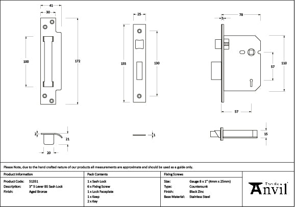 From The Anvil - Aged Bronze 3" 5 Lever BS Sash Lock