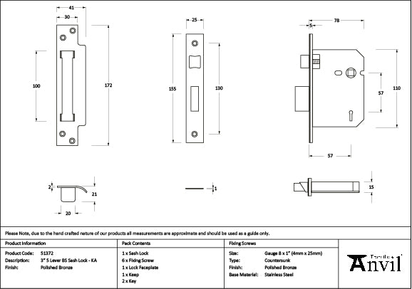 From The Anvil - Polished Bronze 3" 5 Lever BS Sash Lock KA