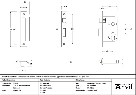 From The Anvil - Aged Brass 2Â½" Euro Profile Sash Lock