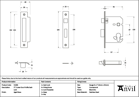 From The Anvil - Aged Brass 3" Euro Profile Sash Lock