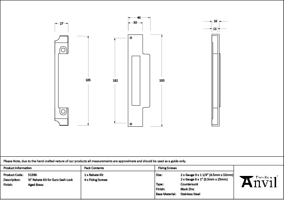 From The Anvil - Aged Brass Â½" Rebate Kit for Euro Sash Lock