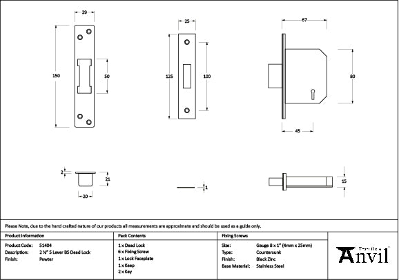 From The Anvil - Pewter 2Â½" 5 Lever BS Dead Lock