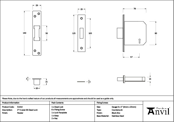 From The Anvil - Pewter 3" 5 Lever BS Dead Lock