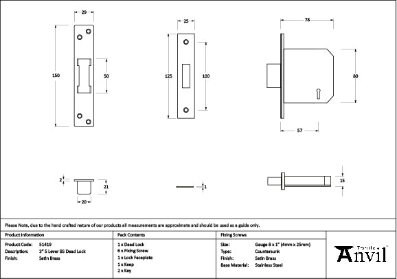 From The Anvil - Satin Brass 3" 5 Lever BS Dead Lock