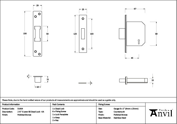 From The Anvil - Polished Bronze 2Â½" 5 Lever BS Dead Lock KA