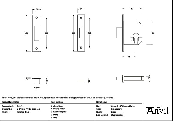 From The Anvil - Polished Brass 2Â½" Euro Profile Dead Lock