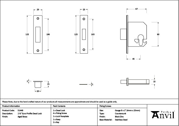 From The Anvil - Aged Brass 2Â½" Euro Profile Dead Lock