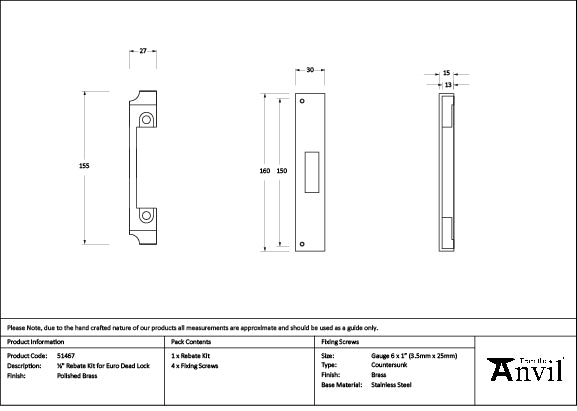 From The Anvil - Polished Brass Â½" Rebate Kit for Euro Dead Lock