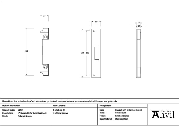 From The Anvil - Polished Bronze Â½" Rebate Kit for Euro Dead Lock