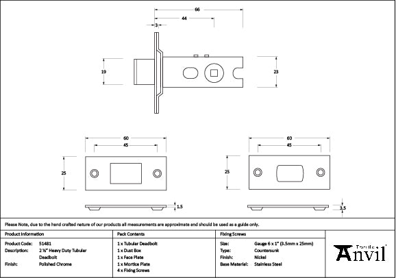 From The Anvil - Polished Chrome 2Â½" Heavy Duty Tubular Deadbolt