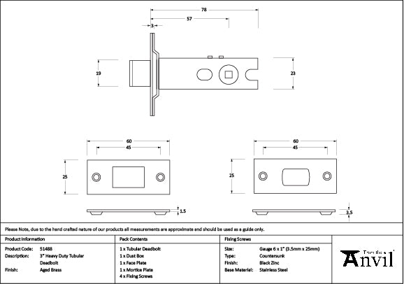 From The Anvil - Aged Brass 3" Heavy Duty Tubular Deadbolt