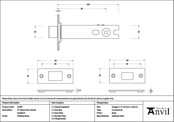 From The Anvil - Polished Brass 4" Heavy Duty Tubular Deadbolt