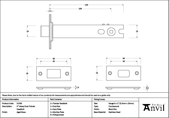 From The Anvil - Aged Brass 5" Heavy Duty Tubular Deadbolt