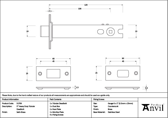 From The Anvil - Satin Brass 5" Heavy Duty Tubular Deadbolt