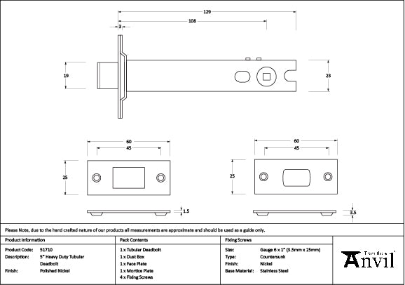 From The Anvil - Polished Nickel 5" Heavy Duty Tubular Deadbolt