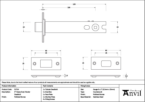 From The Anvil - Polished Bronze 5" Heavy Duty Tubular Deadbolt