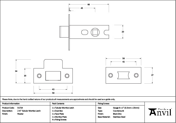 From The Anvil - Pewter 2Â½" Tubular Mortice Latch