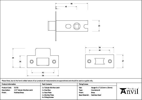 From The Anvil - Polished Brass 2Â½" Tubular Mortice Latch