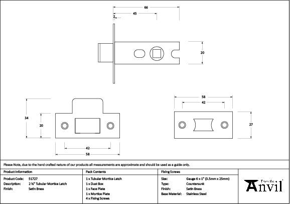 From The Anvil - Satin Brass 2Â½" Tubular Mortice Latch