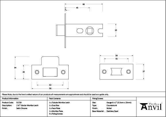 From The Anvil - Satin Chrome 2Â½" Tubular Mortice Latch