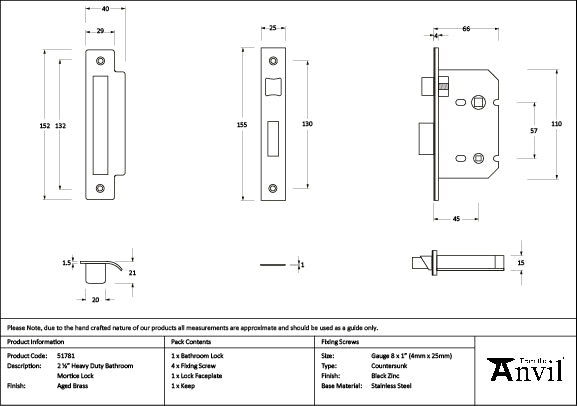 From The Anvil - Aged Brass 2Â½" Heavy Duty Bathroom Mortice Lock