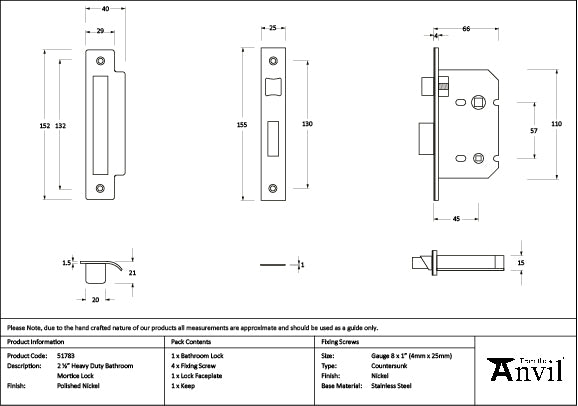 From The Anvil - Polished Nickel 2Â½" Heavy Duty Bathroom Mortice Lock