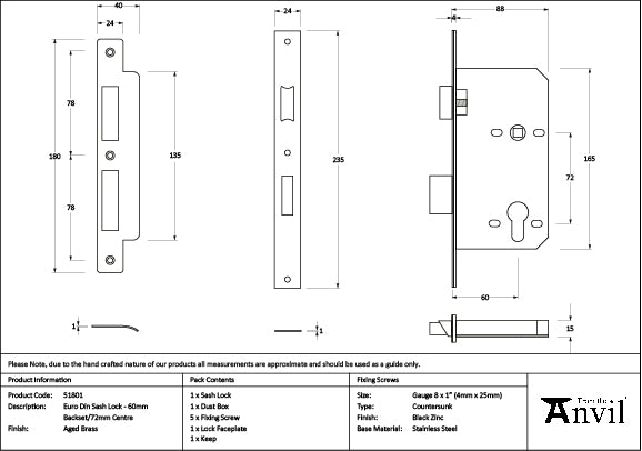 From The Anvil - Aged Brass Euro Din Sash Lock - 60mm Backset/72mm Centre