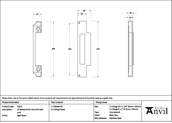 From The Anvil - Aged Brass Â½" Rebate Kit for Euro Din Sash Lock