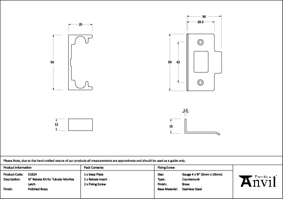 From The Anvil - Polished Brass Â½" Rebate Kit for Tubular Mortice Latch