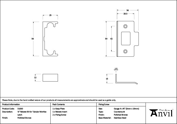 From The Anvil - Polished Bronze Â½" Rebate Kit for Tubular Mortice Latch