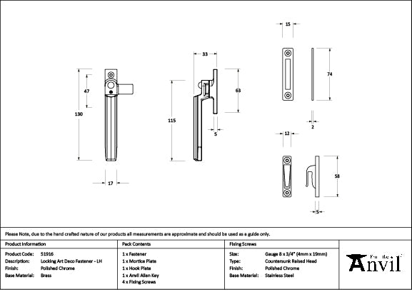 From The Anvil - Polished Chrome Locking Art Deco Fastener - LH