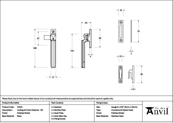 From The Anvil - Polished Nickel Locking Art Deco Fastener - RH