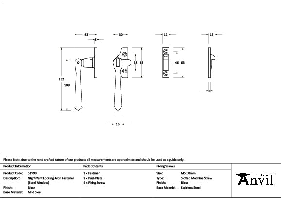 From The Anvil - Black Night-Vent Locking Avon Fastener (Steel Window)