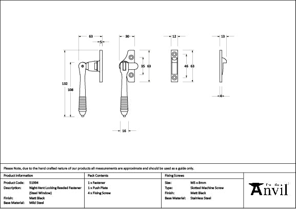 From The Anvil - Matt Black Night-Vent Locking Reeded Fastener (Steel Window)