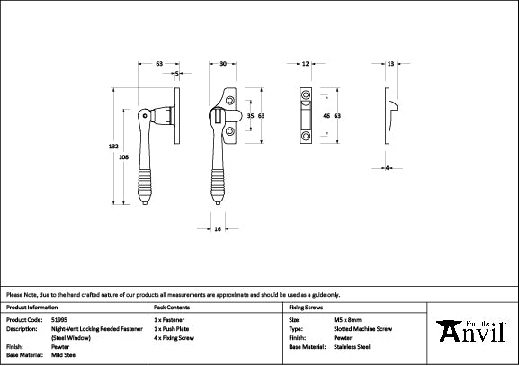 From The Anvil - Pewter Night-Vent Locking Reeded Fastener (Steel Window)