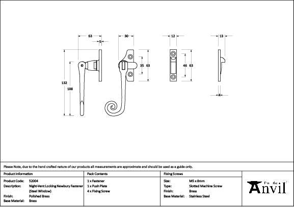 From The Anvil - Polished Brass Night-Vent Locking Monkeytail Fastener (Steel Window)