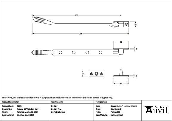 From The Anvil - Polished Marine SS (316) 10" Reeded Stay