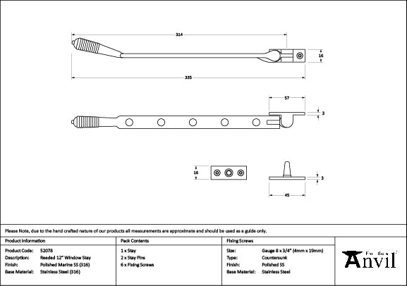 From The Anvil - Polished Marine SS (316) 12" Reeded Stay