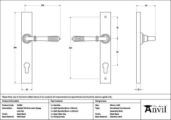 From The Anvil - Matt Black Reeded Slimline Lever Espag. Lock Set