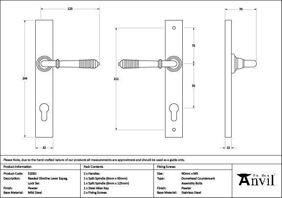 From The Anvil - Pewter Reeded Slimline Lever Espag. Lock Set