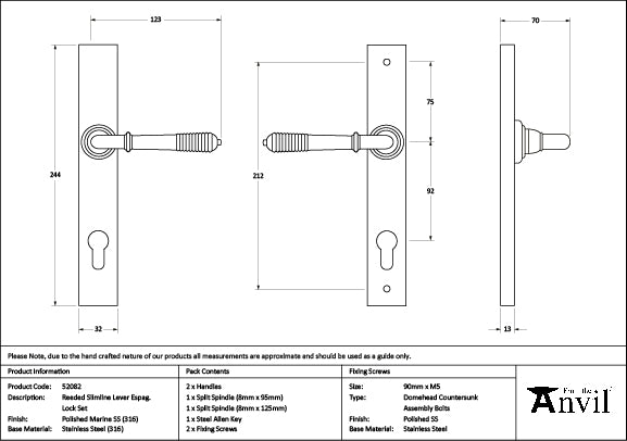 From The Anvil - Polished Marine SS (316) Reeded Slimline Lever Espag. Lock Set