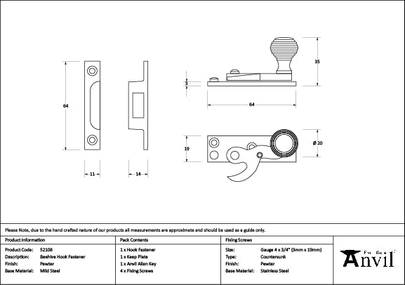 From The Anvil - Pewter Beehive Sash Hook Fastener