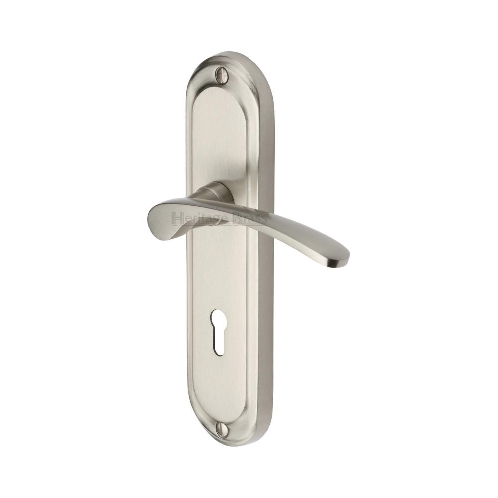 This is an image of a Heritage Brass - Door Handle Lever Lock Ambassador Design Satin Nickel Finish, amb6200-sn that is available to order from T.H Wiggans Ironmongery in Kendal.