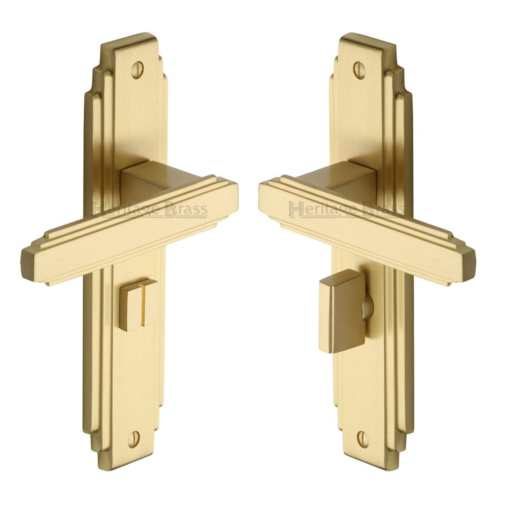This is an image of a Heritage Brass - Door Handle for Bathroom Astoria Design Satin Brass Finish, ast5930-sb that is available to order from T.H Wiggans Ironmongery in Kendal.