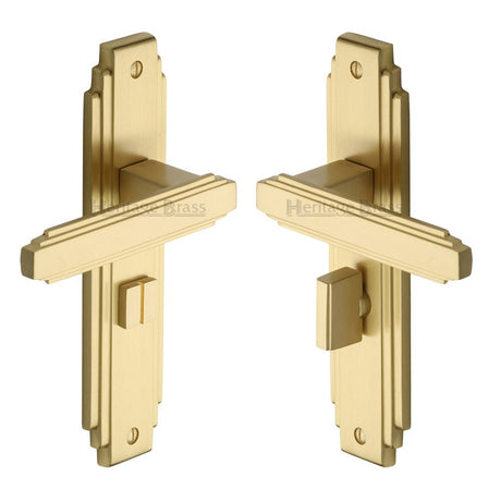 This is an image of a Heritage Brass - Door Handle for Bathroom Astoria Design Satin Brass Finish, ast5930-sb that is available to order from T.H Wiggans Ironmongery in Kendal.