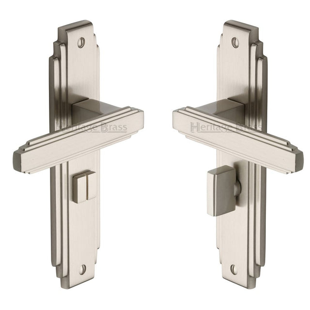 This is an image of a Heritage Brass - Door Handle for Bathroom Astoria Design Satin Nickel Finish, ast5930-sn that is available to order from T.H Wiggans Ironmongery in Kendal.