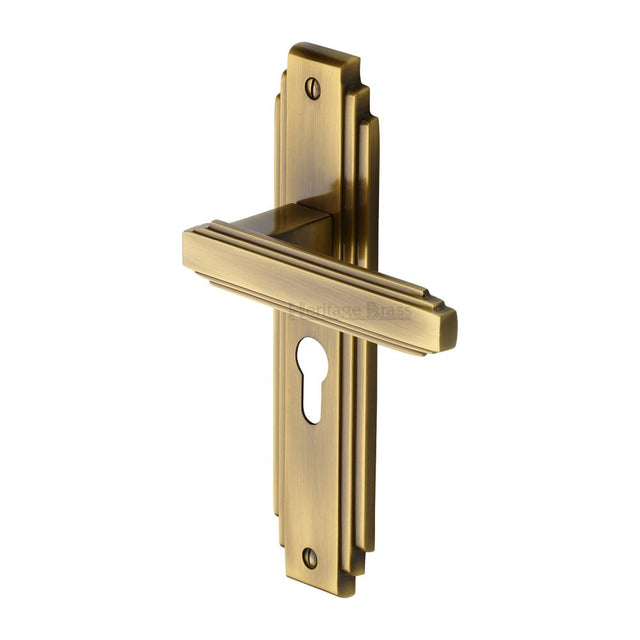 This is an image of a Heritage Brass - Door Handle Euro Profile Astoria Design Antique Brass Finish, ast5948-at that is available to order from T.H Wiggans Ironmongery in Kendal.