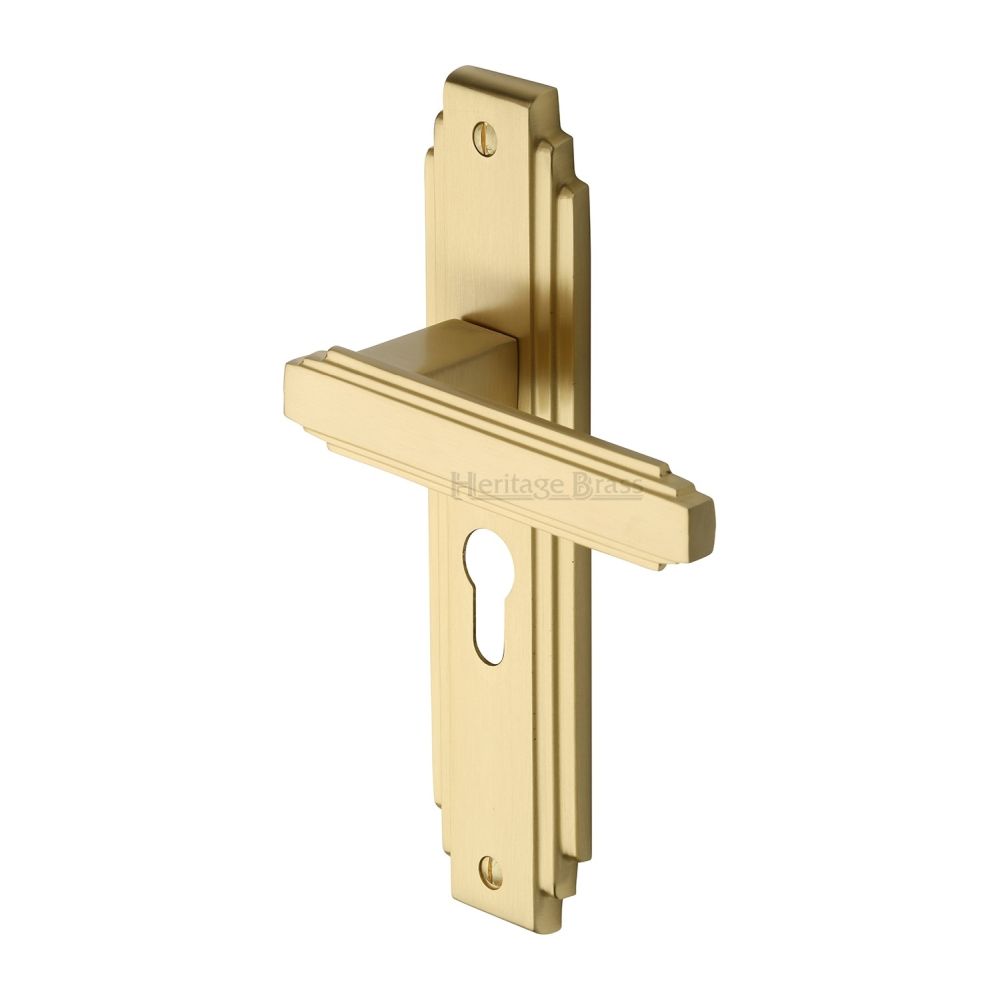 This is an image of a Heritage Brass - Door Handle Euro Profile Astoria Design Satin Brass Finish, ast5948-sb that is available to order from T.H Wiggans Ironmongery in Kendal.